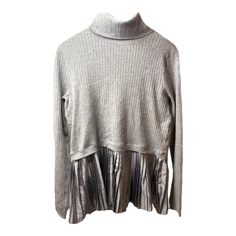 Nine West Women's Gray Ribbed Pleated Side Cowl Neck Sweater Fringe Top Size M
